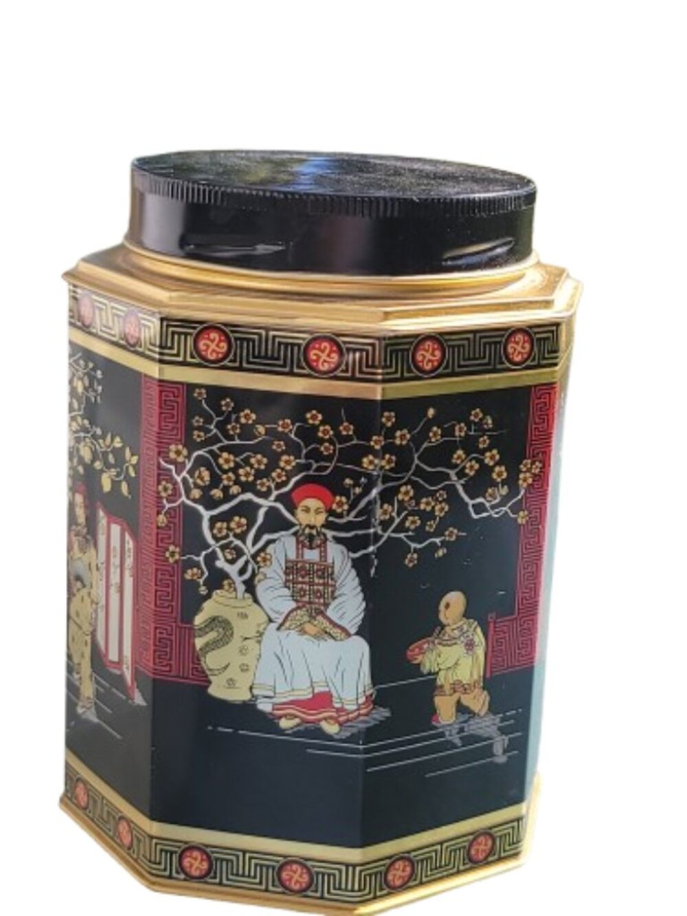 Vintage Chinoiserie Tea Tin Black Octagonal Storage Canister Decor 6 1/4" x 15"